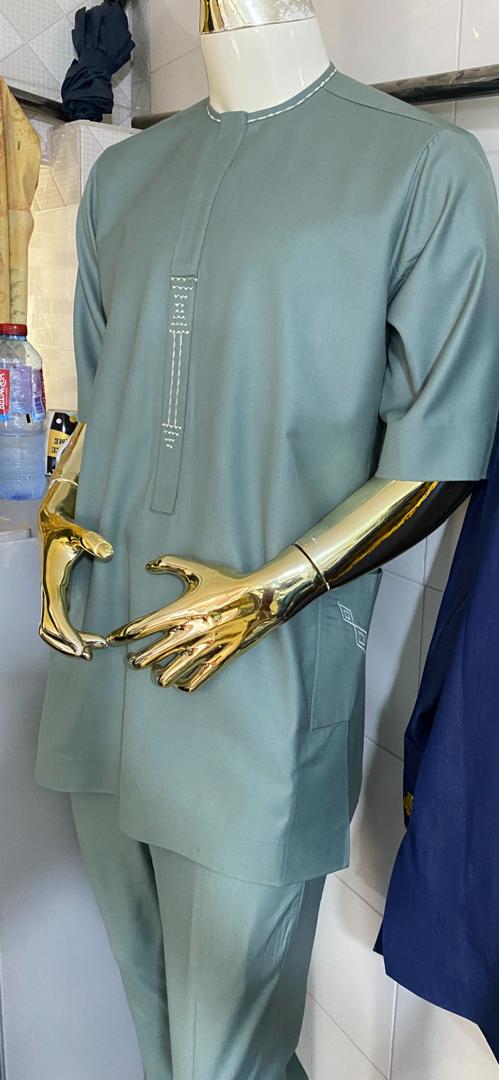 Sage Green Men’s Two-Piece Kaftan with Minimal Embroidered Detail