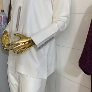 Classic White Men’s Two-Piece Kaftan with Subtle Gray Embroidery