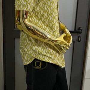 Men’s Short-Sleeve Print Shirt in White and Yellow with Black Trousers