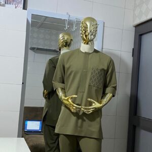 Olive Green Men’s Kaftan with Patterned Pocket