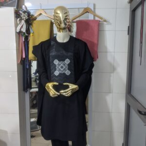 Majestic Black Agbada with Geometric Embroidery