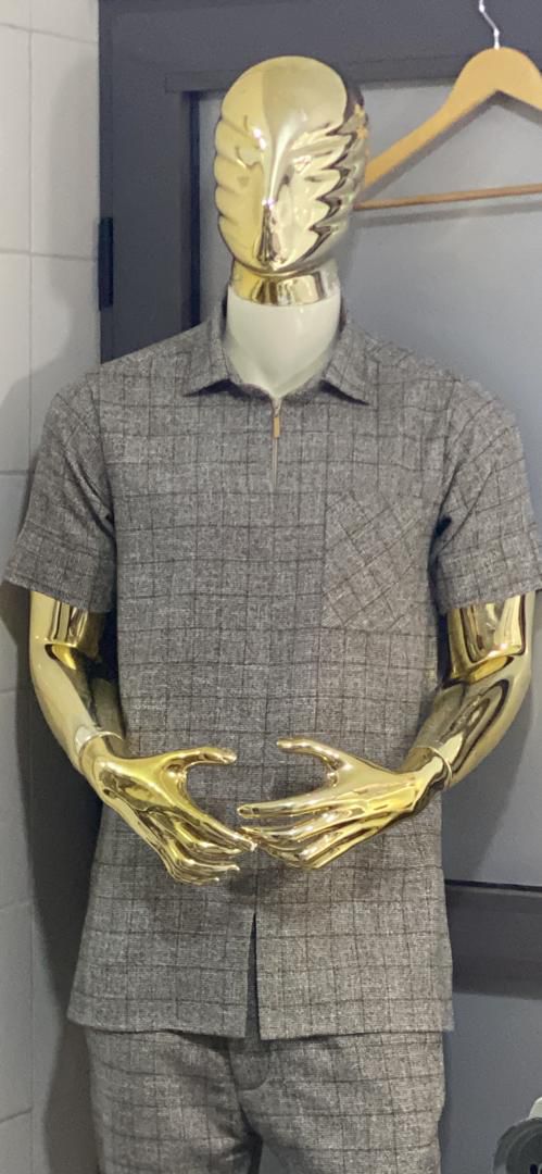 Gray Gridline Two-Piece Set – Short Sleeve & Trouser