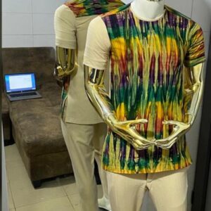 Beige Men’s Two-Piece Kaftan Set with Multicolor African Print Front