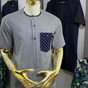 Gray Short-Sleeve Men’s Kaftan with Navy Polka Dot Pocket Detail